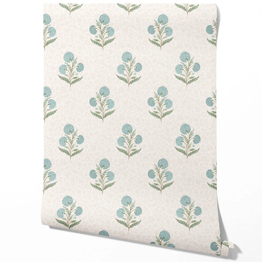 Floral Block Print Traditional Wallpaper Sample (Duck Egg Blue/ Green/ Soft Taupe)