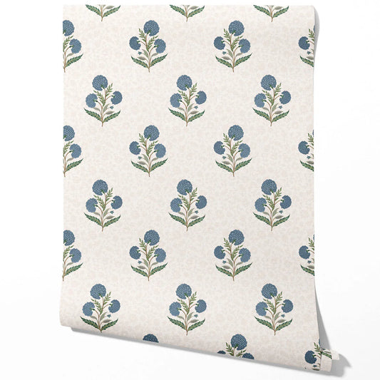 Floral Block Print Traditional Wallpaper (Blue/ Green/ Soft Taupe)