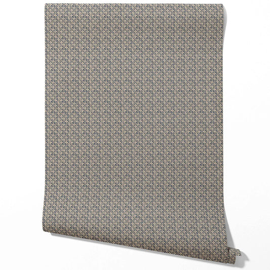 Small Floral Lattice/ Geometric Micro-Print Traditional Wallpaper Sample (Navy Blue/ Beige)