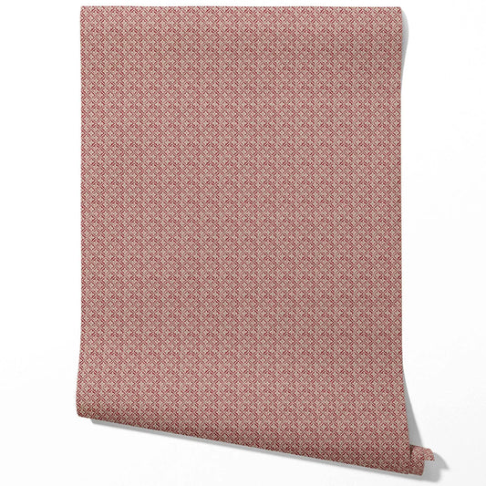 Small Floral Lattice/ Geometric Micro-Print Traditional Wallpaper Sample (Deep Red/ Maroon/ Beige)