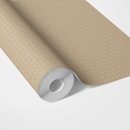 Neutral Small Floral Lattice/ Geometric Micro-Print Traditional Wallpaper (Wheat Beige/ Tan Brown)
