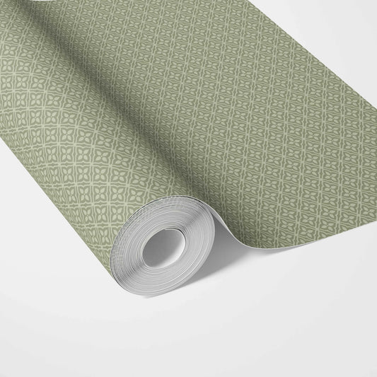 Small Floral Lattice/ Geometric Textured Traditional Wallpaper Sample (Green)