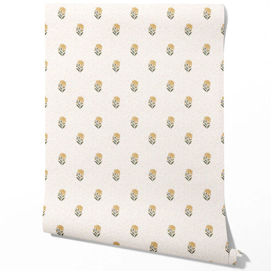 Botanical/ Floral Block Print Traditional Wallpaper Sample (Yellow/ Green/ Taupe)