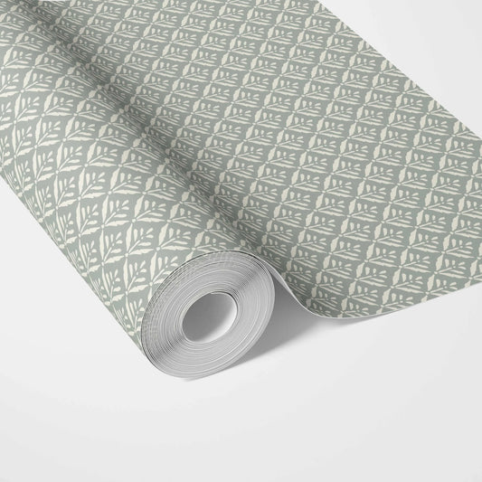 Small Floral Lattice/ Leaf Textured Traditional Wallpaper (Green-Gray)