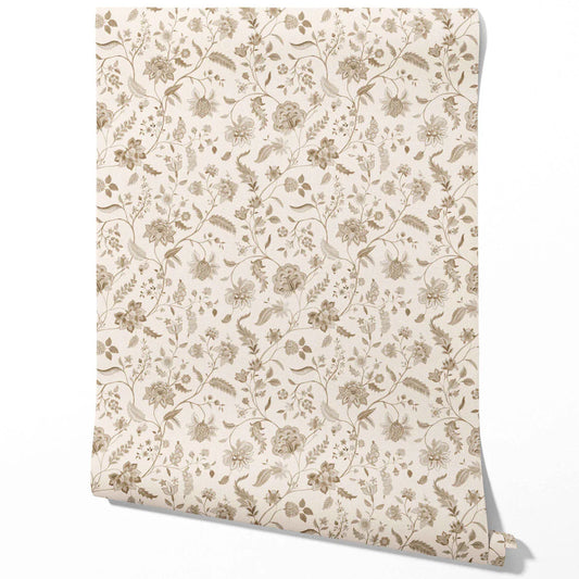 Neutral Floral/ Botanical Patterned Traditional Wallpaper (Beige/ Brown/ Soft Taupe)