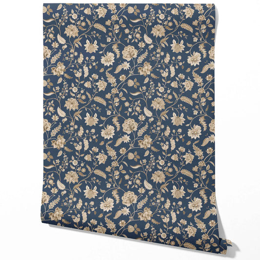 Floral/ Botanical Patterned Traditional Wallpaper (Navy Blue/ Beige)