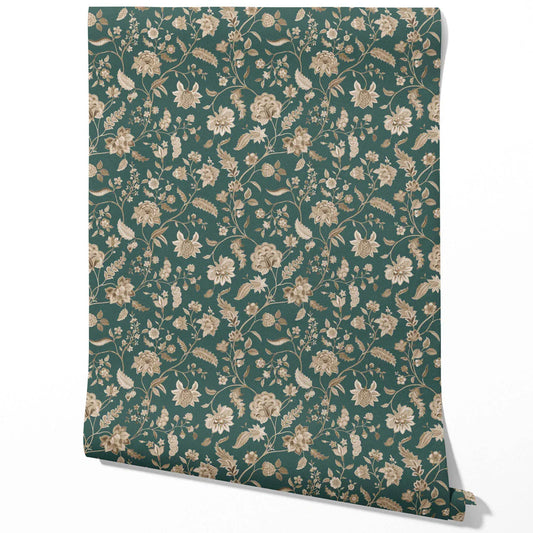 Floral/ Botanical Patterned Traditional Wallpaper Sample (Emerald Green/ Beige)