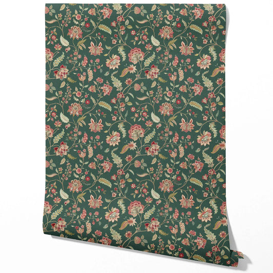 Floral/ Botanical Patterned Traditional Wallpaper Sample (Green/ Red/ Pink)