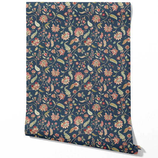 Floral/ Botanical Patterned Traditional Wallpaper Sample (Navy Blue/ Red/ Pink/ Green)