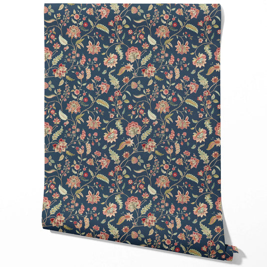 Floral/ Botanical Patterned Traditional Wallpaper Sample (Navy Blue/ Red/ Pink/ Green)