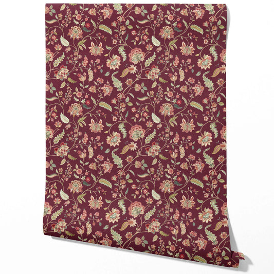 Floral/ Botanical Patterned Traditional Wallpaper Sample (Deep Maroon/ Burgundy/ Pink/ Green)