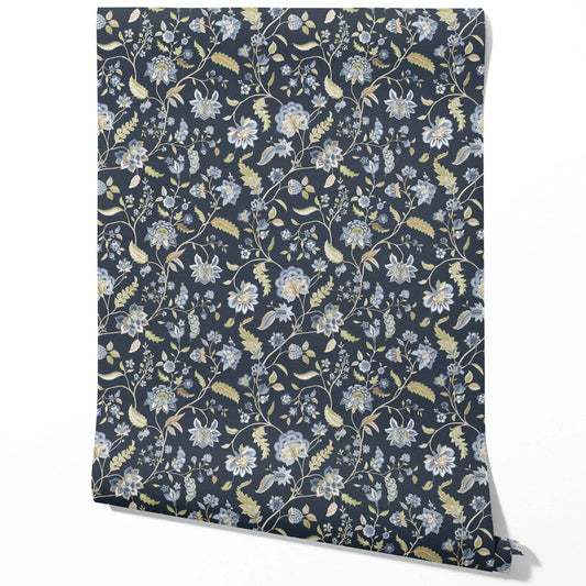 Floral/ Botanical Patterned Traditional Wallpaper Sample (Midnight Blue/ Pale Blue/ Green)