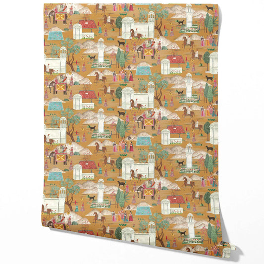 Ethnic/ Heritage/ Horses & Castles Print Traditional Wallpaper Sample (Yellow/ Red/ Green/ Blue/ Pink)