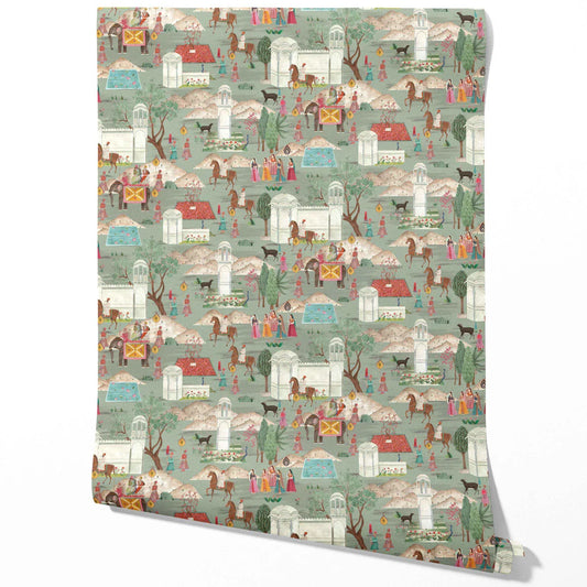 Ethnic/ Heritage/ Horses & Castles Print Traditional Wallpaper (Green/ Blue/ Red/ Pink/ Yellow)