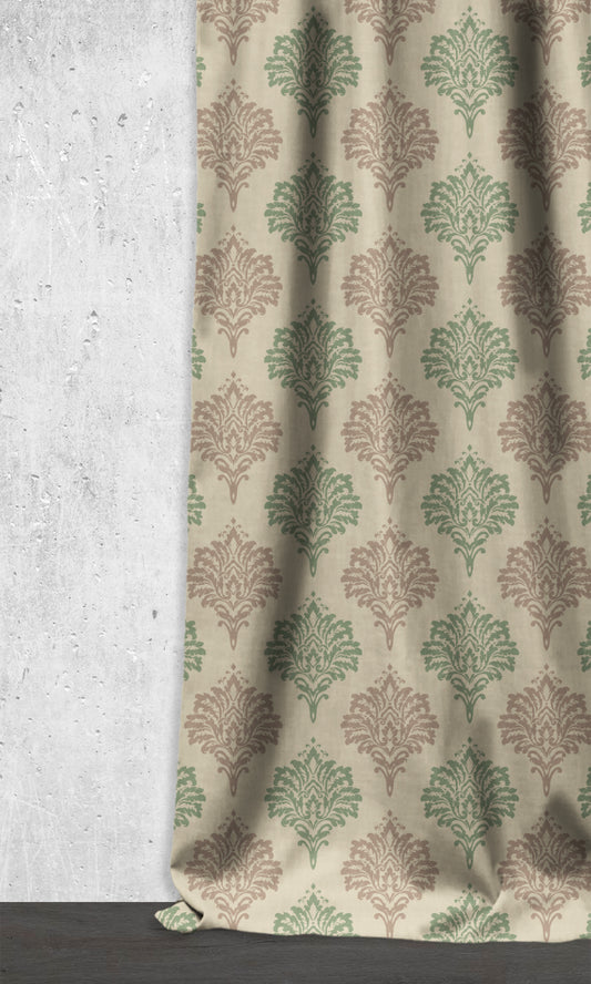 Damask Patterned Dimout Window Curtains (Green/ Grey)