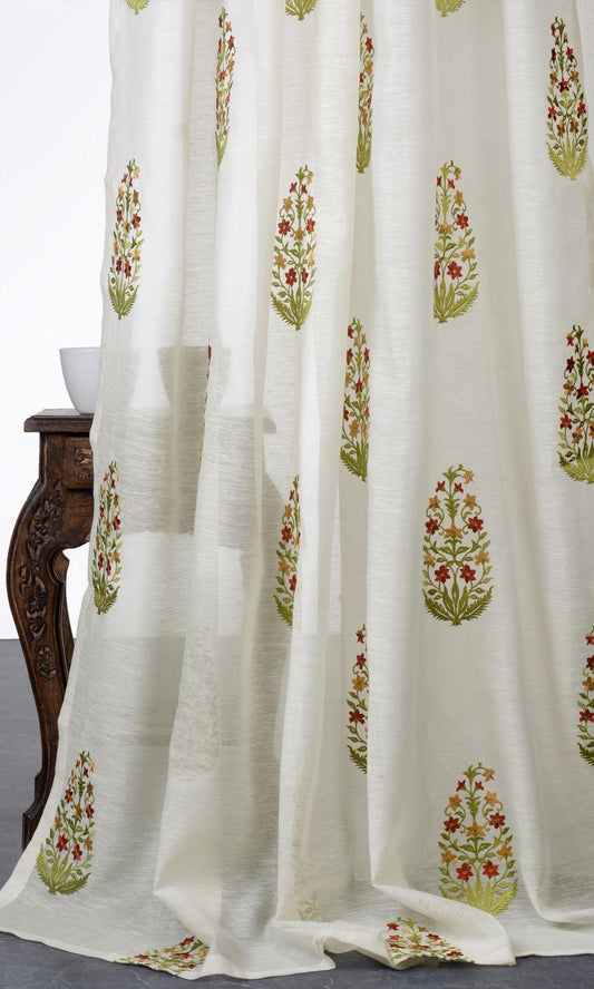 Sheer Floral Paisley Curtain Panels (Cream/ Green/ Red/ Orange)