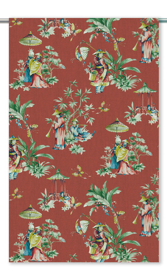Chinoiserie Floral Home Decor Fabric Sample (Brick Red/ Green)