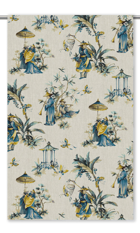 Chinoiserie Floral Drapes (Parchment Cream/ Aegean Blue)