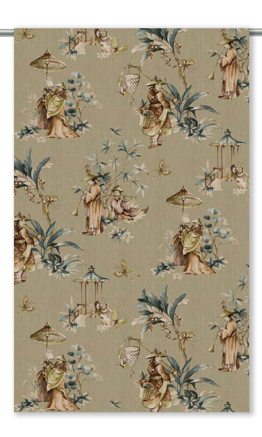 Chinoiserie Floral Home Decor Fabric Sample (Olive Beige/ Brown/ Blue)