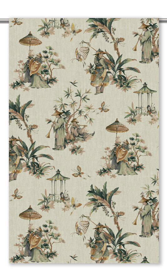 Chinoiserie Floral Window Curtains (Cream/ Pale Green)