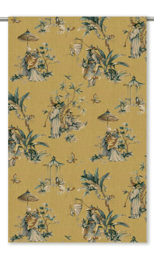 Chinoiserie Floral Curtain Panels (Yellow Ochre/ Hague Blue)
