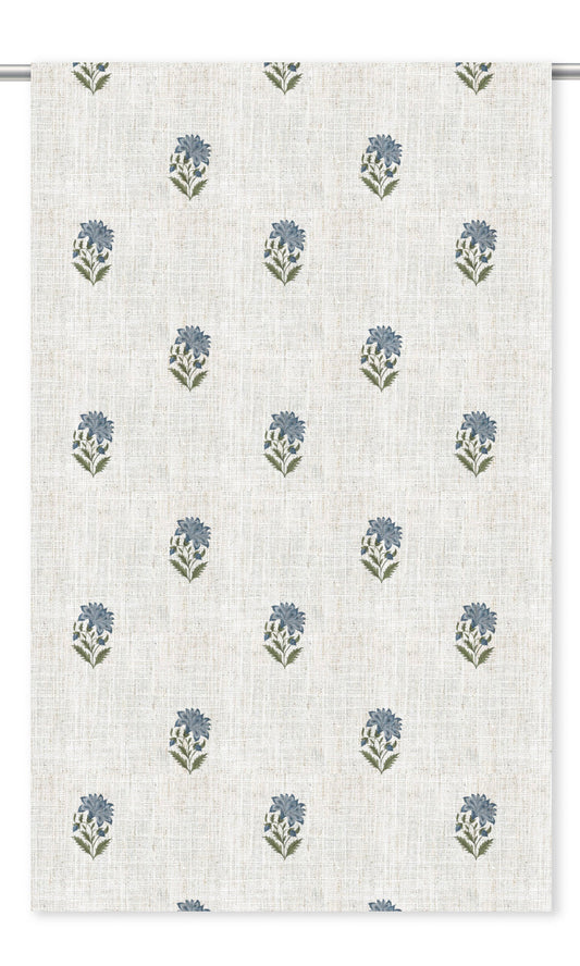 Floral Block Print Window Curtains (Cream/ Stone Blue)