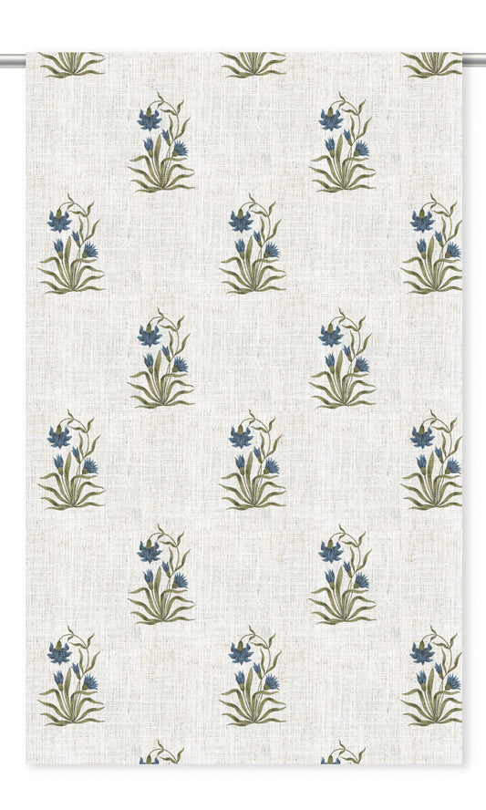Floral Block Print Home Decor Fabric By the Yard (Cream/ Navy Blue/ Green)