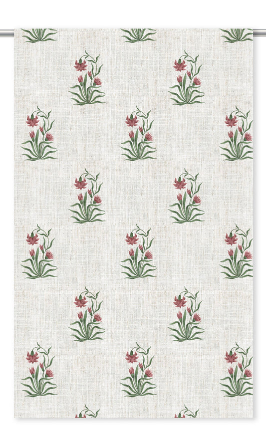 Floral Block Print Home Decor Fabric By the Yard (Cream/ Burgundy Red/ Green)