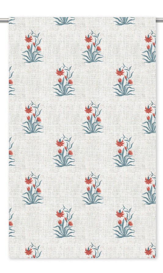 Floral Block Print Home Decor Fabric By the Yard (Cream/ Brick Red/ Gray-Blue)