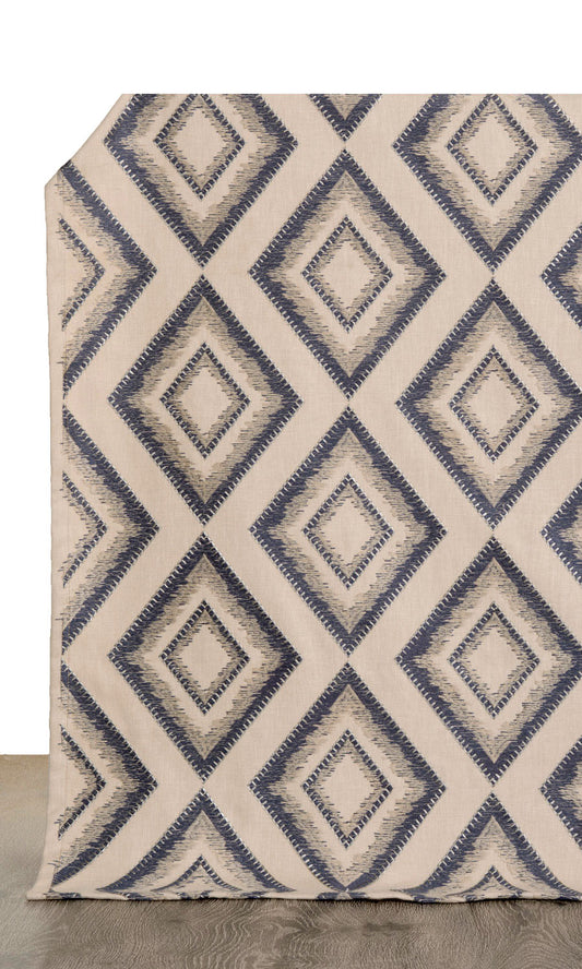 Embroidered Home Decor Fabric By the Yard (Oyster Beige/ Navy Blue)