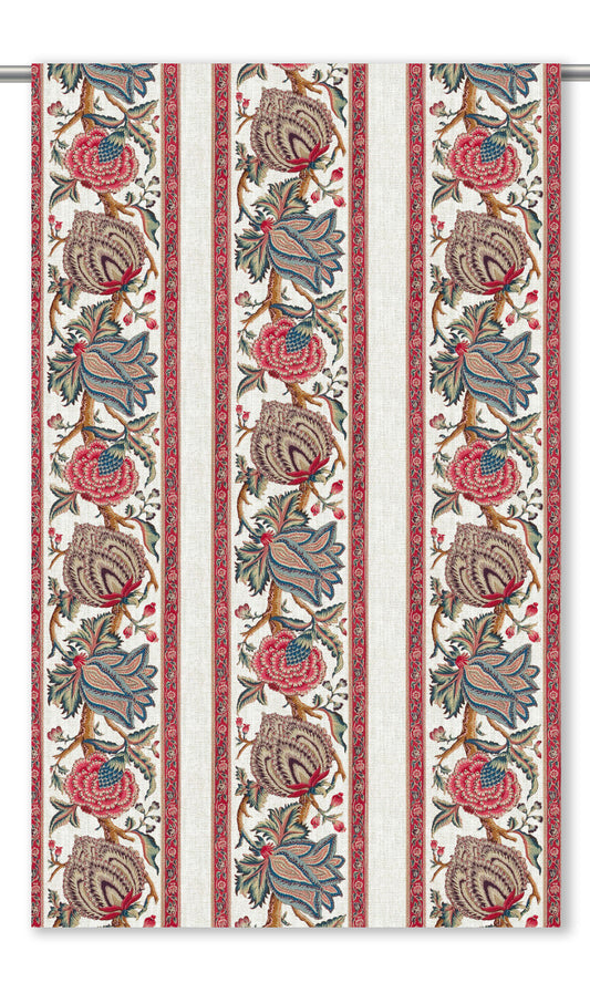 French Floral Stripes Home Decor Fabric Sample (Coral Red/ Blue/ Greige)