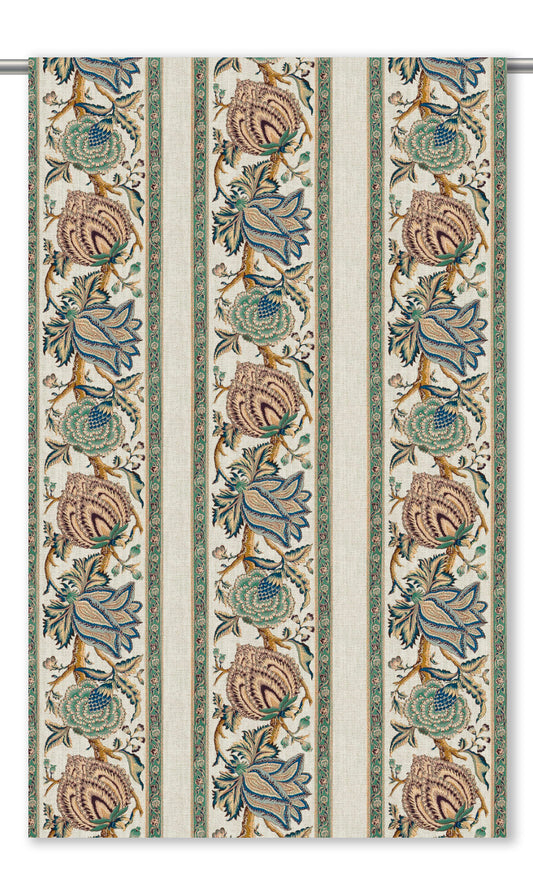 French Floral Stripes Home Decor Fabric By the Yard (Seafoam Green/ Blue/ Salmon Beige)