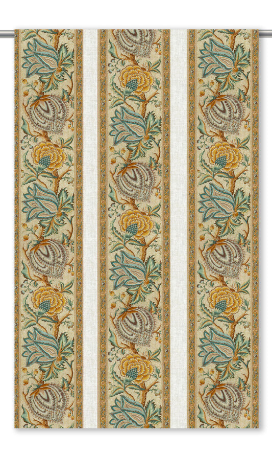 French Floral Stripes Home Decor Fabric Sample (Honey Yellow/ Stone Blue/ Beige)