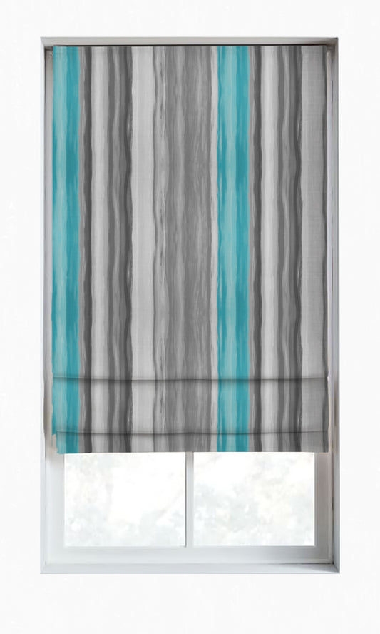 Dimout Striped Drapery (Grey/ Turquoise Blue)