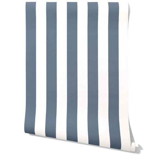 Neutral Geometric Striped Traditional Wallpaper (Slate Blue/ White)