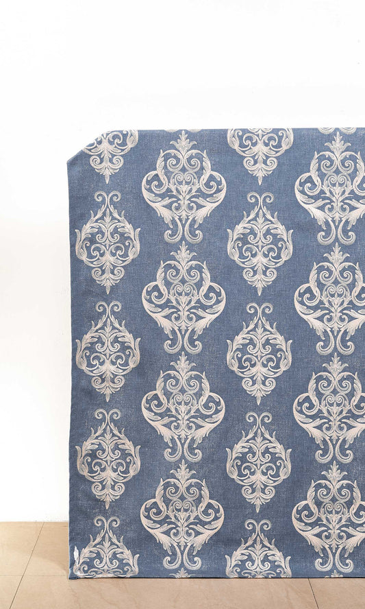 Damask Poly-Cotton Drapery (Blue/ White)