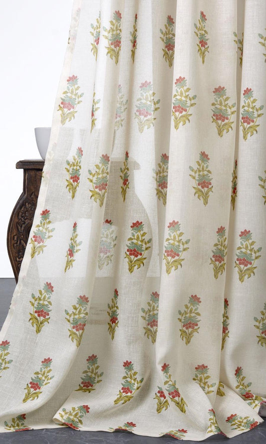 Sheer Floral Home Decor Fabric Sample (Cream/ Red/ Blue)