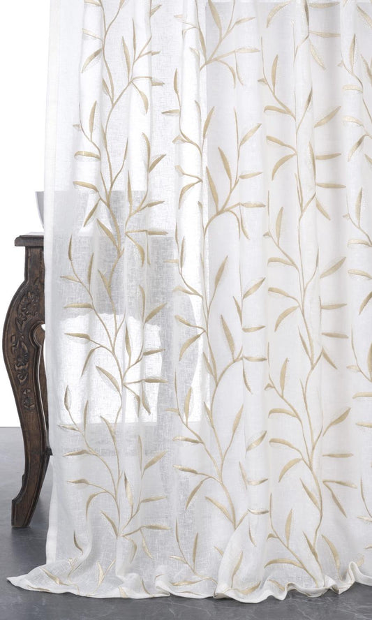 Sheer Floral Embroidered Home Decor Fabric Sample (White/ Beige)