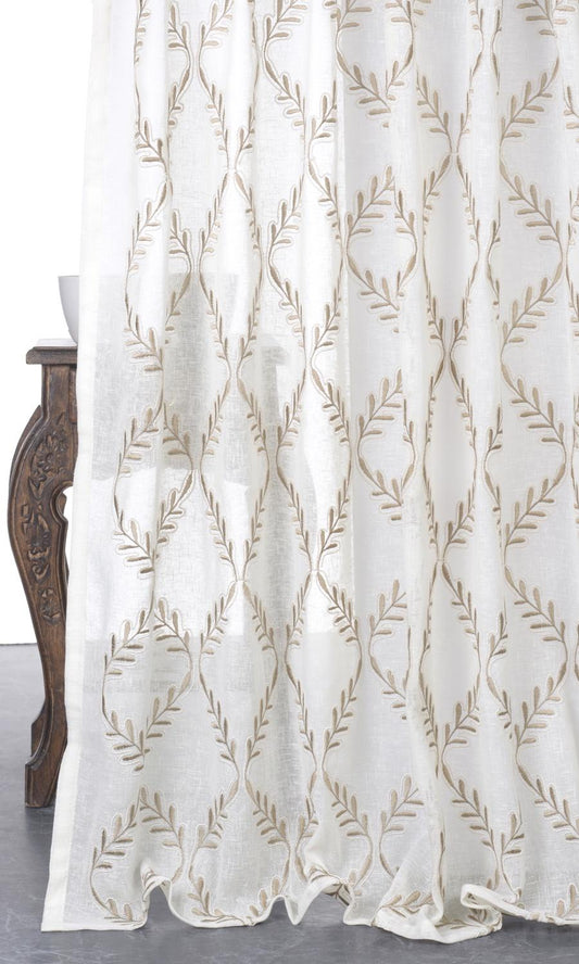 Sheer Floral Embroidered Home Decor Fabric Sample (White/ Brown)