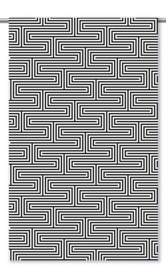 Geometric Maze Line Print Velvet Window Curtains (Warm White/ Black)