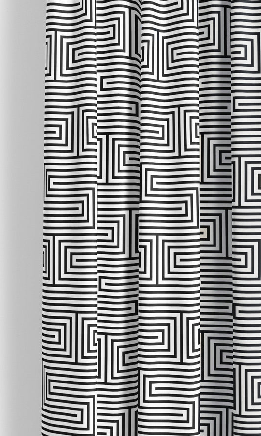 Geometric Maze Line Print Velvet Window Curtains (Warm White/ Black)
