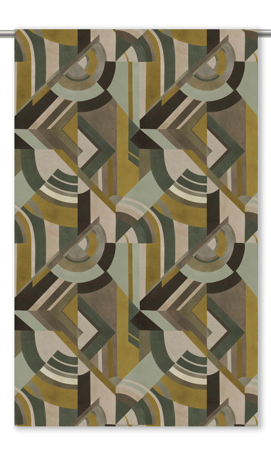 Modern Abstract Velvet Curtain Panels (Smoky Walnut/ Ochre Yellow/ Sage Gray)