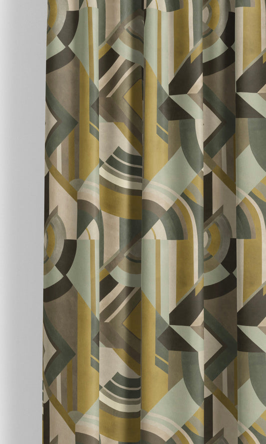 Modern Abstract Velvet Curtain Panels (Smoky Walnut/ Ochre Yellow/ Sage Gray)
