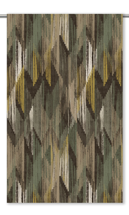 Abstract Chevron Velvet Drapes (Dark Umber/ Ochre Yellow/ Sage Gray)