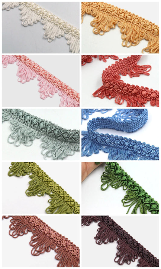 Roman shades with fan edge fringe trim