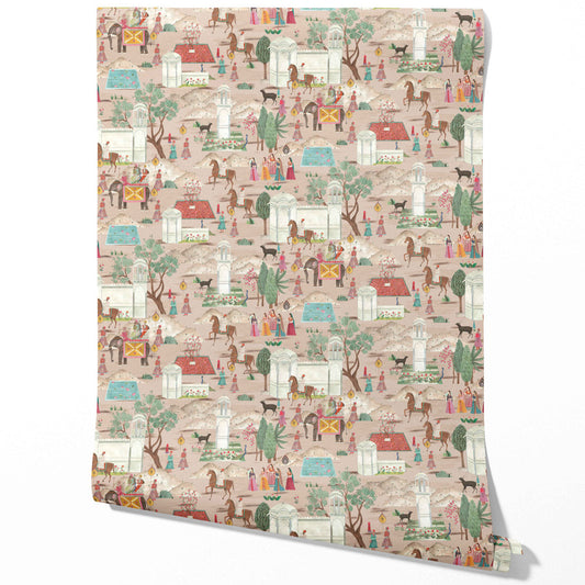 Ethnic/ Heritage/ Horses & Castles Print Traditional Wallpaper Sample (Pink/ Green/ Red/ Blue)