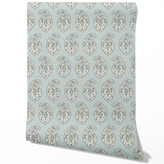 Paisley Floral Print Traditional Wallpaper Sample (Blue/ Green/ Gray)