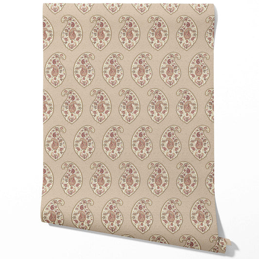 Neutral Paisley Floral Print Traditional Wallpaper Sample (Brown/ Beige/ Pink)