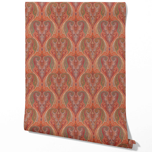 Paisley Floral/ Damask Patterned Traditional Wallpaper Sample (Red/ Orange/ Green/ Yellow)