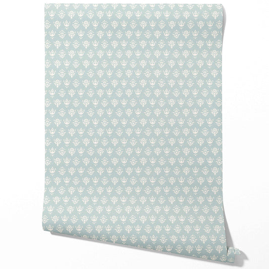 Floral Block Print Traditional Wallpaper Sample (Duck Egg Blue/ Off-White)